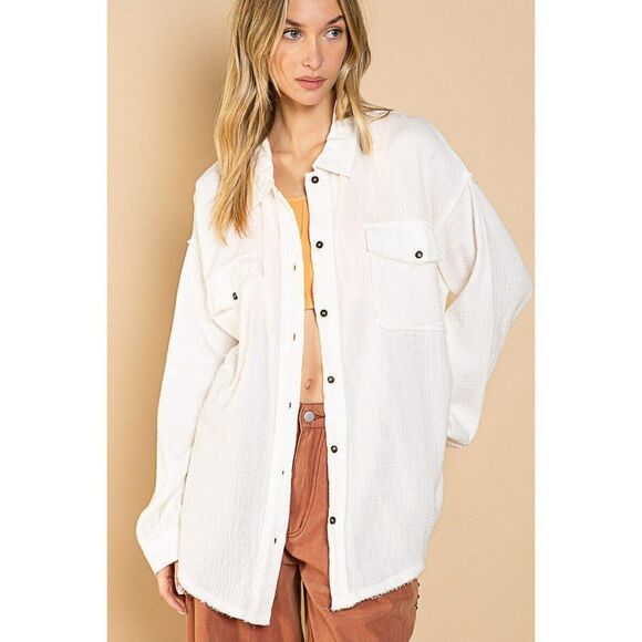 POL Clothing Button Up Dad Shirt Shacket Top Oversized Fit Off White S-L YKT433 - Picture 4 of 7